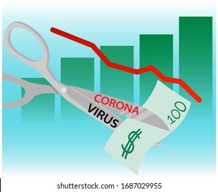 Coronavirus COVID-19 outbreak impact on global economy and stock markets, financial crisis concept. The graph of the fall of the economic market. Scissors, bills, money. 