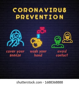 Coronavirus COVID-19 Outbreak Neon Light Glowing Infographic Icons. Coronavirus Prevention Protect Yourself Icons