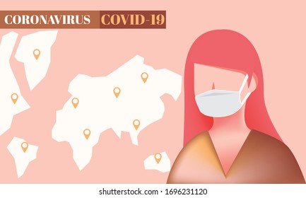Coronavirus COVID-19 outbreak with pink hair woman wear  medical mask. white world map and location mark on light pink background.