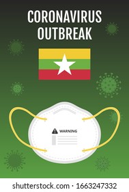 coronavirus covid-19 outbreak or spread in myanmar country flag or poster with warning face mask and bacteria vectors illustration in flat design 