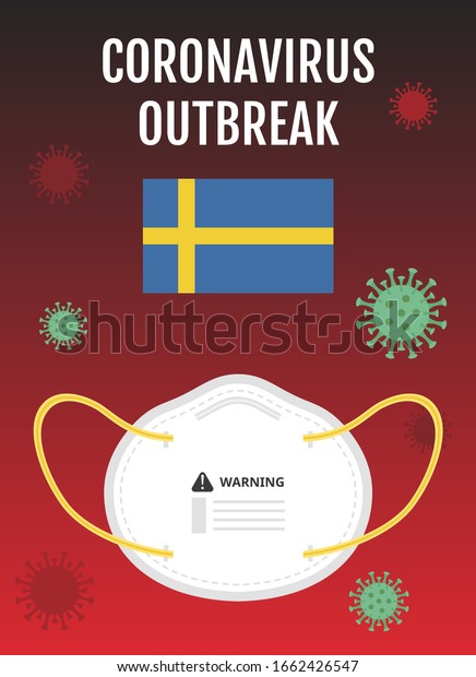 フェイスマスクとバクテリアベクターイラストとスウェーデン国旗 コロナウイルスcovid 19の発生 のベクター画像素材 ロイヤリティフリー