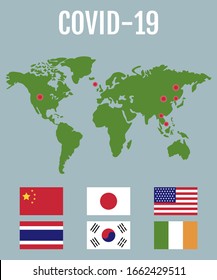 coronavirus covid-19 outbreak with
world map, chinese, japan, united state of america, Ireland, Thailand flags and bacteria vectors illustration in flat design 