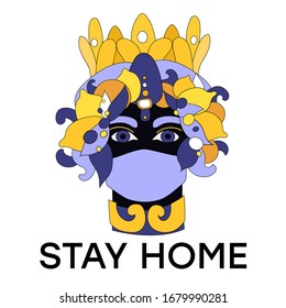 Coronavirus covid-19. Pandemia. Sicilian vase, moor head in medicine mask. Italy, Sicily, Greece, Cyprus, Spain. Vector illustration of sicilian symbol, souvenir. Planter head. Stay Home. Quarantine