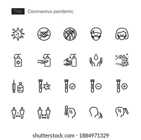 Coronavirus and COVID-19 pandemic Outline vector icons set