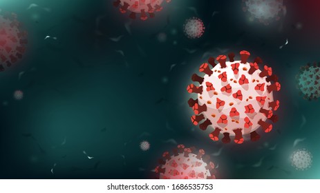 Coronavirus or COVID-19 particles in dark green microscopic background with copy space