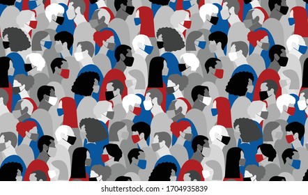 Coronavirus, Covid-19. People in medical face mask. Grayscale and blue, red colors. Vector illustration. Seamless pattern