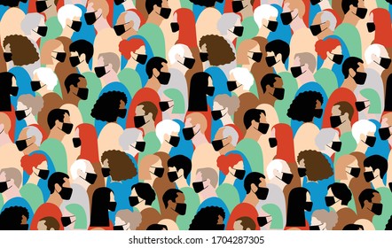 Coronavirus, Covid-19. People in stylish black medical face mask. Vector illustration. Seamless pattern