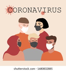 Coronavirus, covid-19. People in white and black face mask. Vector banner illustration.