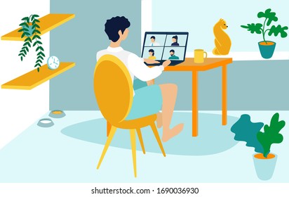 Coronavirus. COVID-19 period. Working at home. People at home in quarantine. Businessman dressed in shirt and shorts in the home office. Flat Vector Illustration