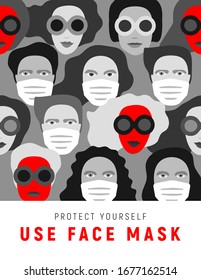 Coronavirus. Covid-19, poster with people in a white medical face mask. Concept of the poster on the theme of coronavirus quarantine. Warning: protect yourself. Vector illustration.