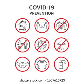 Coronavirus COVID-19 Prevention concept. Flat line icons set. Social distancing, Stay at home, Avoid crowds, Wash hands. Vector illustration