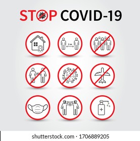 Coronavirus COVID-19 Prevention concept. Flat line icons set. Social distancing, Stay at home, Avoid crowds. Vector illustration