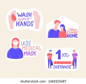 Coronavirus COVID-19 prevention hand drawn sticker set. How to protect yourself from infection, hand washing, avoid patients and cover your sneeze. Cartoon badges with quotes. Trendy flat. Vector