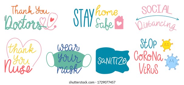 Coronavirus (COVID-19) prevention hand letterings doodle banner and sticker design banner, social distancing, Stay home, Quarantine activities, Thank you doctor, Keep healthy vector illustration.