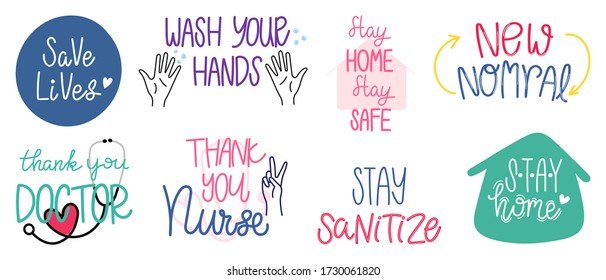 Coronavirus (COVID-19) prevention hand letterings doodle banner and sticker design banner, social distancing, Stay home, Quarantine activities, Thank you doctor, Keep healthy vector illustration.
