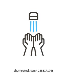 Coronavirus covid-19 prevention hand washing illustration. Vector thin line icon with hands sanitizing with water and soap. Simple design for antibacterial and protection from infection awareness