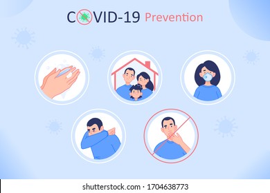 Coronavirus COVID-19 Prevention informative poster. Five basic rules to protect. Wash your hands often, Wear a mask, Cough into elbow, Do not touch face and Stay home, infographics vector