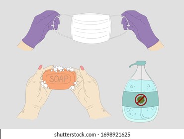 Coronavirus COVID-19 prevention. Medical mask, gloves, sanitizer,soap, washing hands. Hand drawn prevention method illustration. Hands in medical gloves taking medical mask. Coronavirus quarantine. 