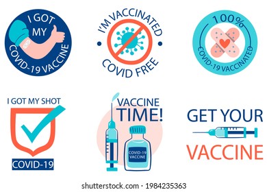 Coronavirus COVID-19 Prevention Sticker Collection Set. Get Vaccinated, Get Your Vaccine, Covid Free, Protect From Corona Flat UI Vector Illustration Isolated In White Background