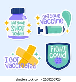 Coronavirus COVID-19 Prevention Sticker Collection Set. Get Vaccinated, Get Your Vaccine, Covid Free, Protect From Corona Flat UI Vector Hand Drawn Illustration Isolated In White Background