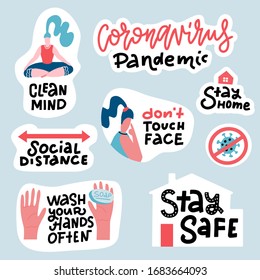 Coronavirus COVID-19 prevention sticker set. Hand drawn pack with lettering How to protect yourself - hand washing, avoid touchin face, stay home. Cartoon badges with quotes. Trendy flat vector.