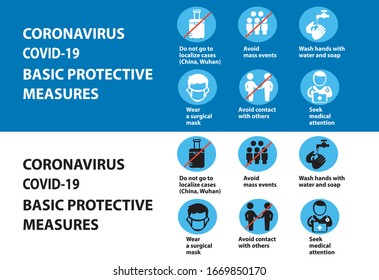 Coronavirus COVID-19 prevention tips, basic protection measures, how to prevent coronavirus. Infographic elements. Pneumonia disease. Blue background.