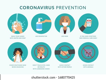 Coronavirus (COVID-19) preventions. How to protect yourself from infection, hand washing, wear face mask, use disinfectant, and avoid other people. Idea for coronavirus outbreak and preventions.