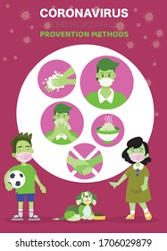 Coronavirus COVID-19 preventions infographic. boy and girl standing point finger to preventions methods infographics