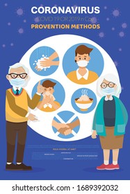 Coronavirus COVID-19 preventions infographic. Old Man and Old Woman standing point finger to preventions methods infographics
