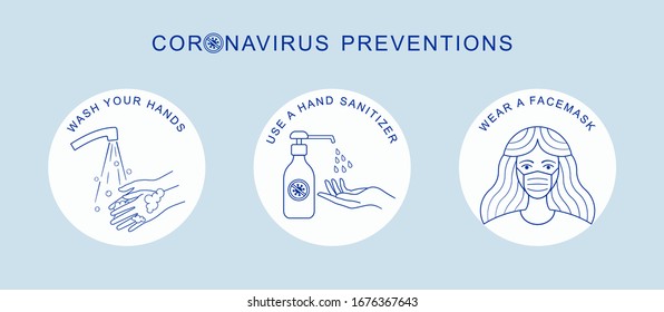 Coronavirus COVID-19 preventions tips, hand sanitizer, wear face mask, washing hands. Corona virus vector isolated on white background