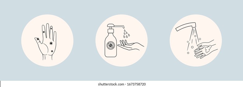 Coronavirus COVID-19 preventions tips, sanitizing with alcohol and washing hands. Corona virus vector isolated on white background