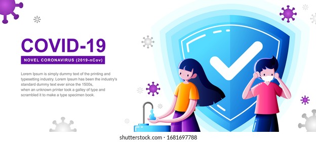 Coronavirus COVID-19 Protection banner design with woman washing hands, man wearing a mask with blue shield behind them.Health care and Medical concept-Horizontal banner design, headers for website.