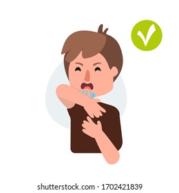 Coronavirus Covid-19 protection concept. Man coughs into his elbow to prevent other people from risk, safety rule to preventing infection in crowd, infographics vector