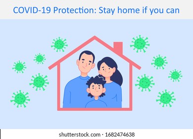 Coronavirus Covid-19 protection concept. Stay home if you can, self isolation, family staying at home during pandemic situation, infographics vector