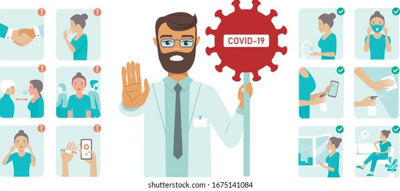 Schutztipps für Coronavirus covid-19. Arzt, der ein STOP-Zeichen hält. Flaches Vektorillustration-Illustration