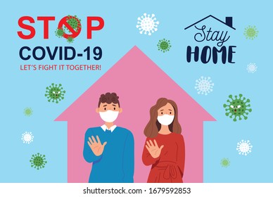 Coronavirus Covid-19  Quarantine Campaign Of Stay At Home Concept. Family In Medical Face Mask To Reduce Risk Of Infection & Spreading The Virus. Vector Illustration.