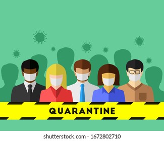 Coronavirus, COVID-19 and quarantine concept. Diverse people in a crowd quarantined behind a yellow-black barricade tape due to the infectious disease.