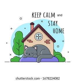 Coronavirus Covid-19, quarantine motivational poster. Keep calm and stay at home with self quarantine to help slow outbreak and protect virus spread. Sleeping cat on a sofa. Flat Cartoon Style.