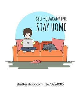 Coronavirus Covid-19, quarantine motivational poster. Keep calm and stay at home. Person in home clothes sits on a sofa with a laptop on his lap. Nearby is a sleeping cat. Remote work from home. 