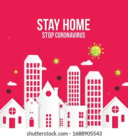 Coronavirus Covid-19, quarantine motivational poster. People stay at home to reduce risk of infection and spreading the virus. Keep calm and stay home quote vector illustration.