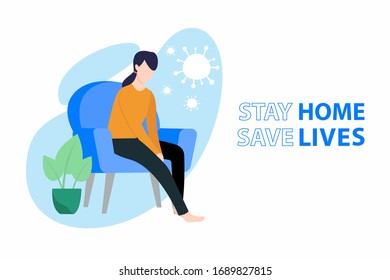 Coronavirus Covid-19, quarantine motivational poster. Women stay at home to reduce risk of infection and spreading the virus. Stay Home Save Lives quote vector illustration.
