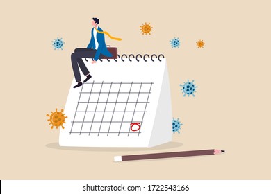 Coronavirus COVID-19 quarantine schedule calendar, plan for reopen business after COVID-19 lockdown concept, businessman business owner sitting on desktop calendar thinking about plan after lockdown.