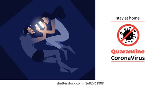 Coronavirus or Covid-19 quarantine. Stay at home with self quarantine to help slow outbreak and protect virus spread. a man and woman self isolation in his home with restricted area alert sign. Vector
