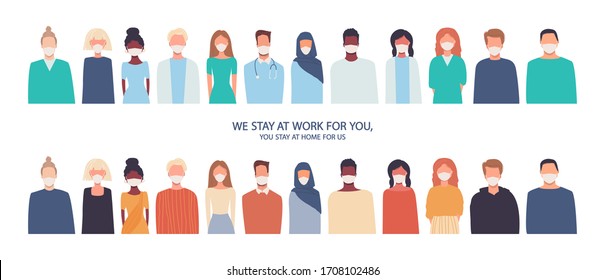 Coronavirus COVID-19 quarantine. Vector horizontal illustration in flat style isolated on white. People in masks. Thank you doctors and nurses. We stay at work for you, you stay at home for us.