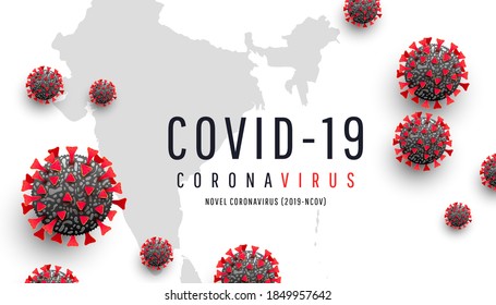 Coronavirus o Covid-19. Celda del coronavirus rojo en el fondo del mapa de la India mundial. Epidemia, pandemia, medicina, vacuna de virus. Propagación global de virus e infección