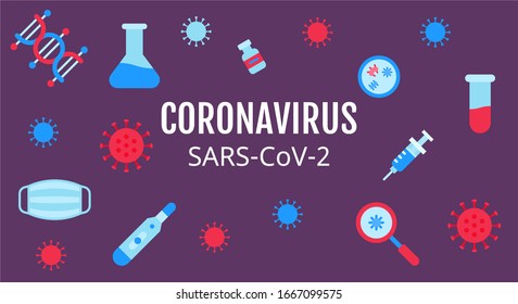 coronavirus covid-19 related, injection, flask, mask, test tube, thermometer, vaccine, bacteria plate, and molecules with virus vectors illustration in flat style
