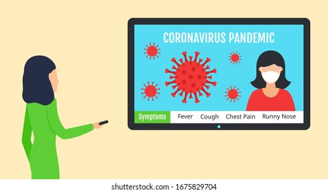 coronavirus covid-19 reportero de noticias relacionado con el uso de máscaras en televisión con mando a distancia en la tele con personaje de la mano de una chica e ilustración portadora de bacterias en estilo plano