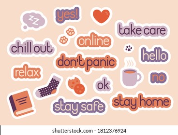 Coronavirus COVID-19 related sticker pack. Vector set with lettering and illustration. Cartoon flat style