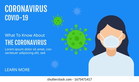 coronavirus covid-19 related website interface with girl or doctor wearing face mask, written text and corona virus vector illustration in flat style  