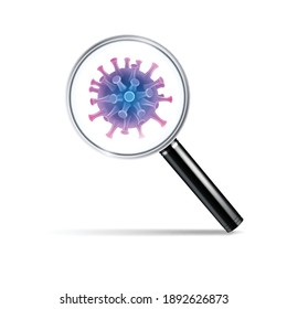 Coronavirus covid-19 research realistic composition with image of hand lens with shadow and virus bacteria vector illustration